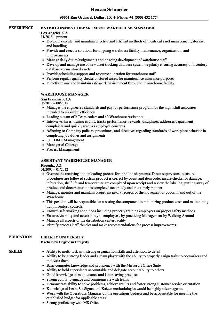 resume template warehouse manager