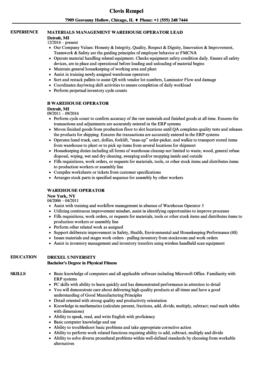 Warehouse Operator Resume Samples Velvet Jobs