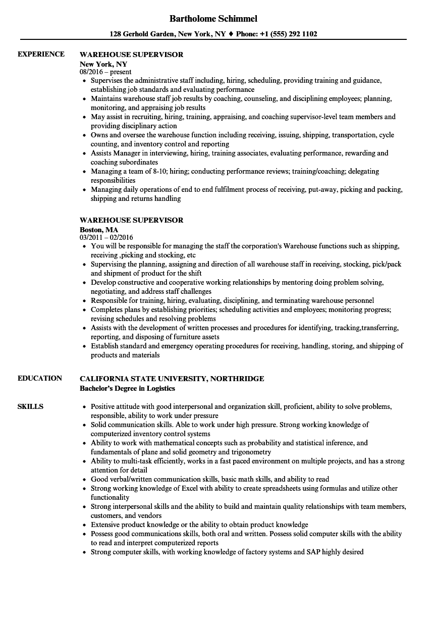 warehouse supervisor resume sample