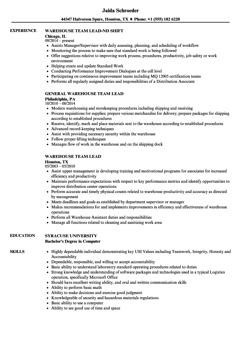 Warehouse Lead Resume Sample