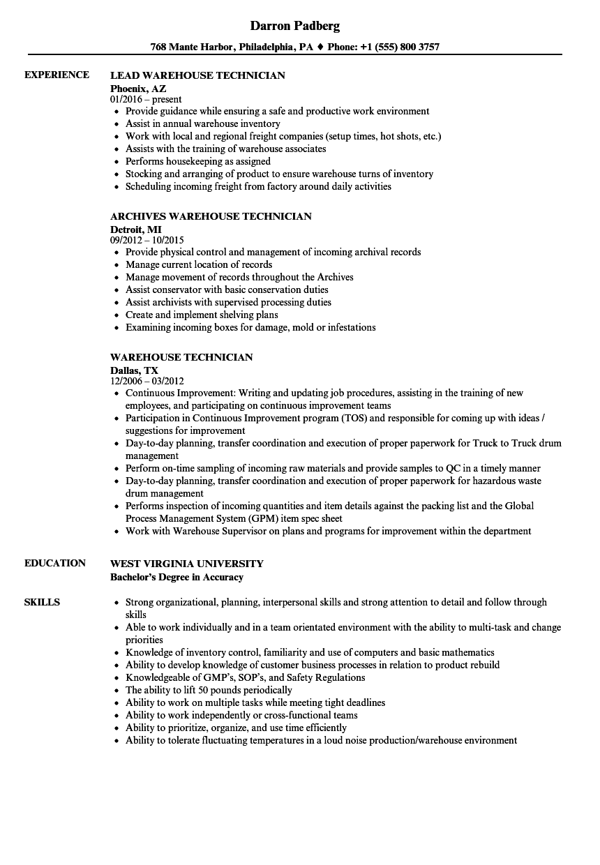 Warehouse Technician Resume Samples | Velvet Jobs