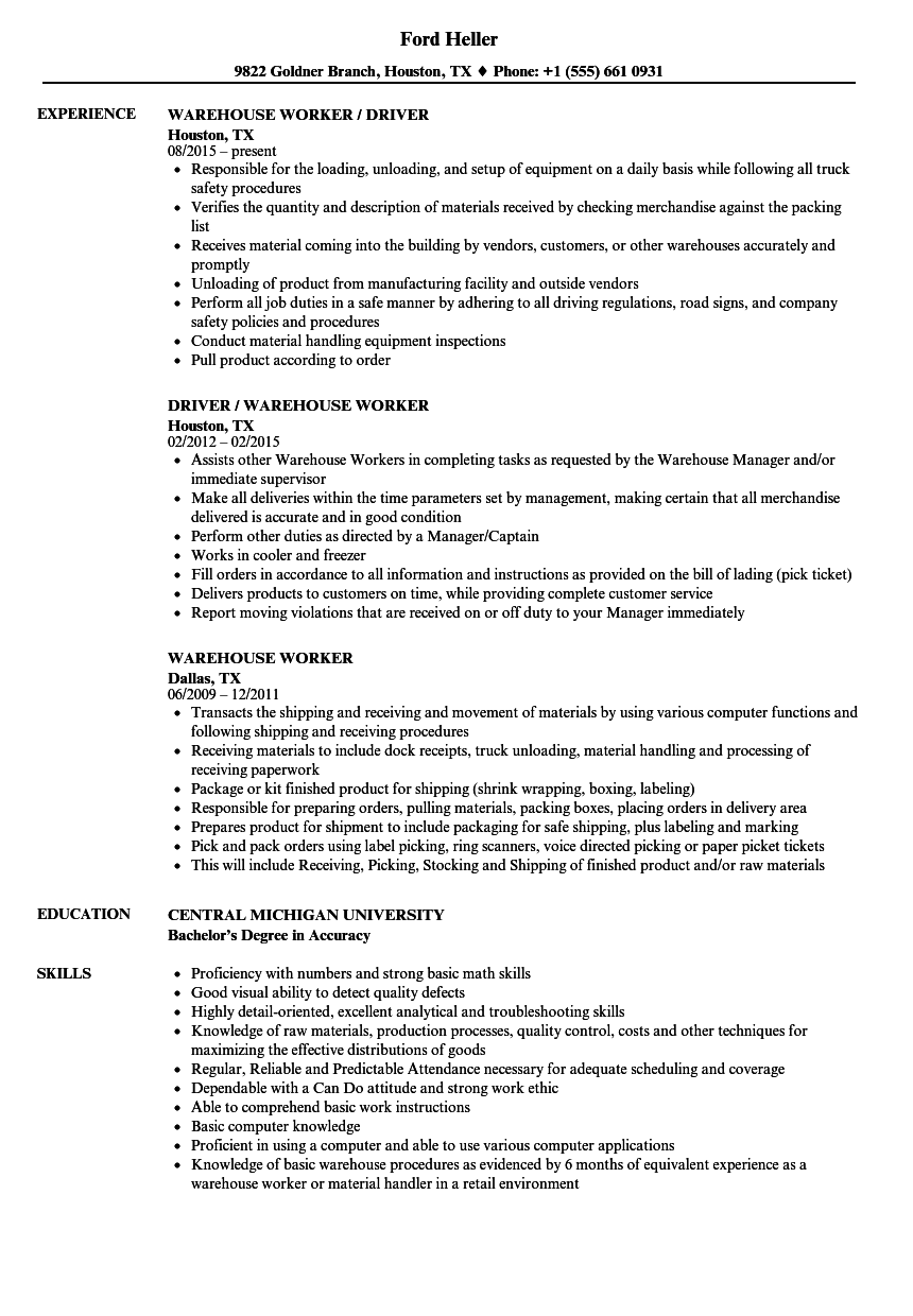 Warehouse Worker Resume Samples Velvet Jobs