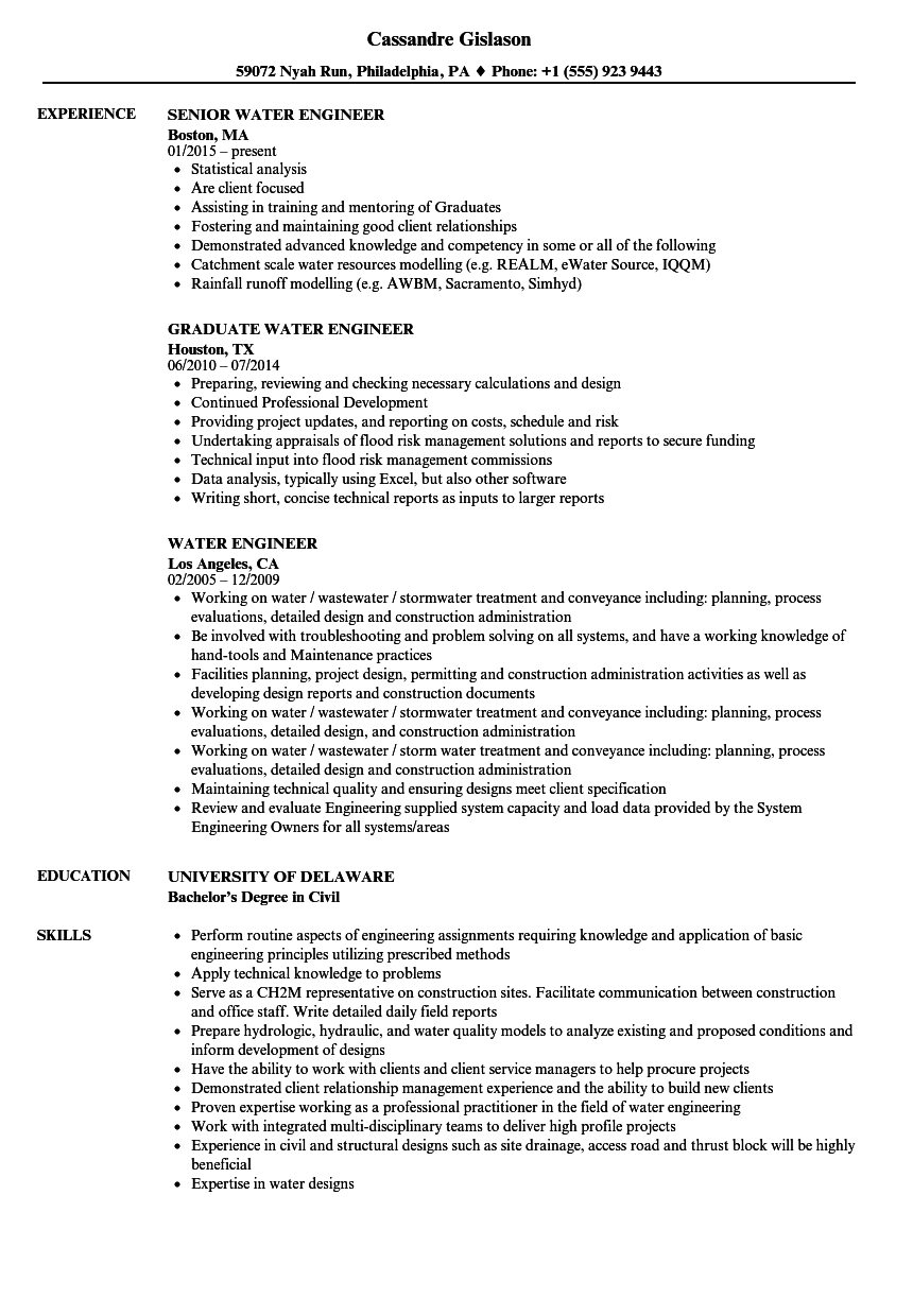 Water Engineer Resume Samples Velvet Jobs