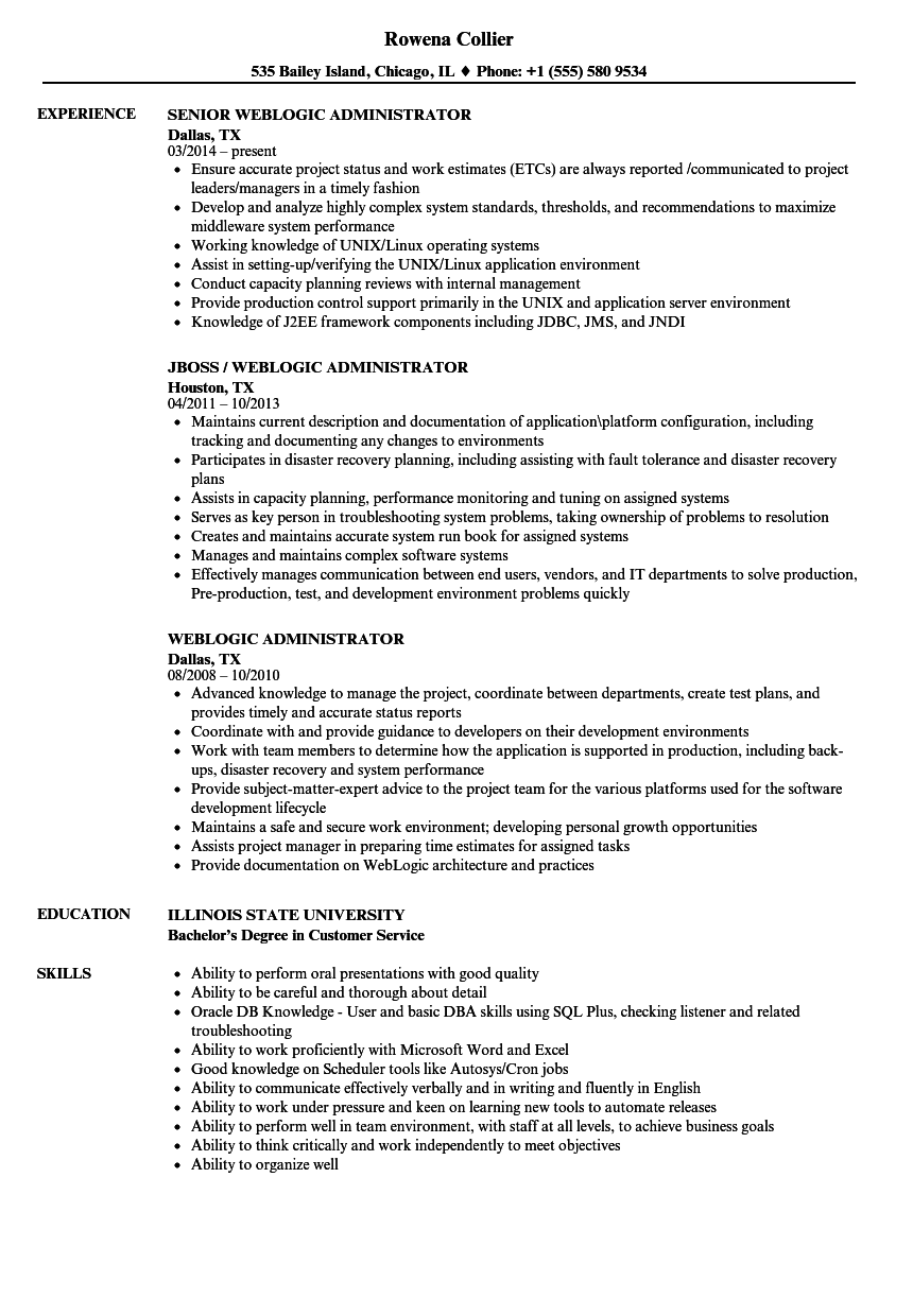 Weblogic Administrator Resume Samples  Velvet Jobs