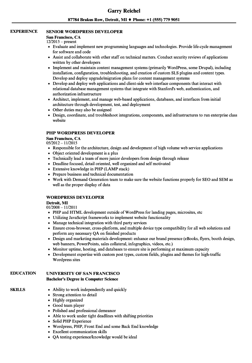 Wordpress Developer Resume Samples Velvet Jobs