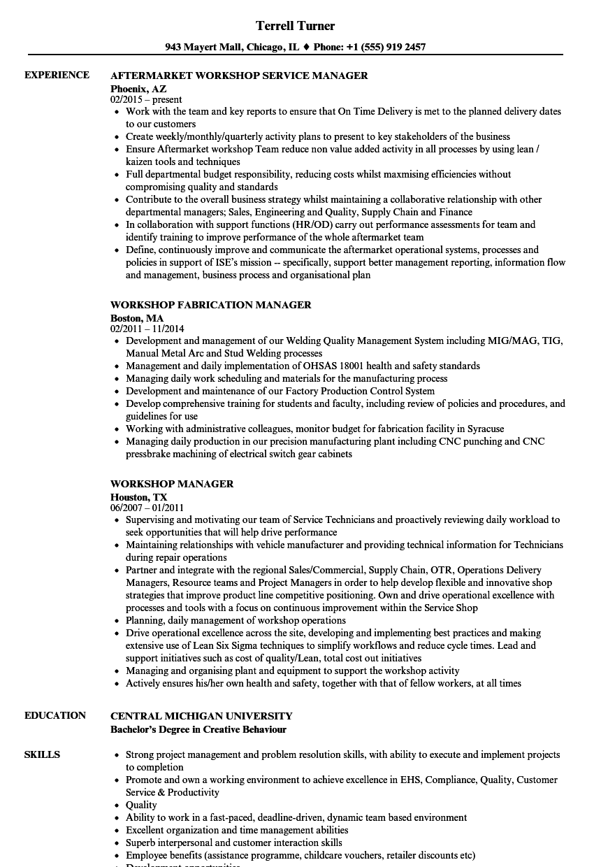 Workshop Manager Resume Samples  Velvet Jobs