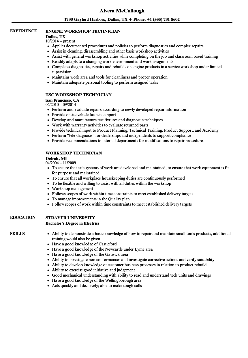 Workshop Technician Resume Samples  Velvet Jobs