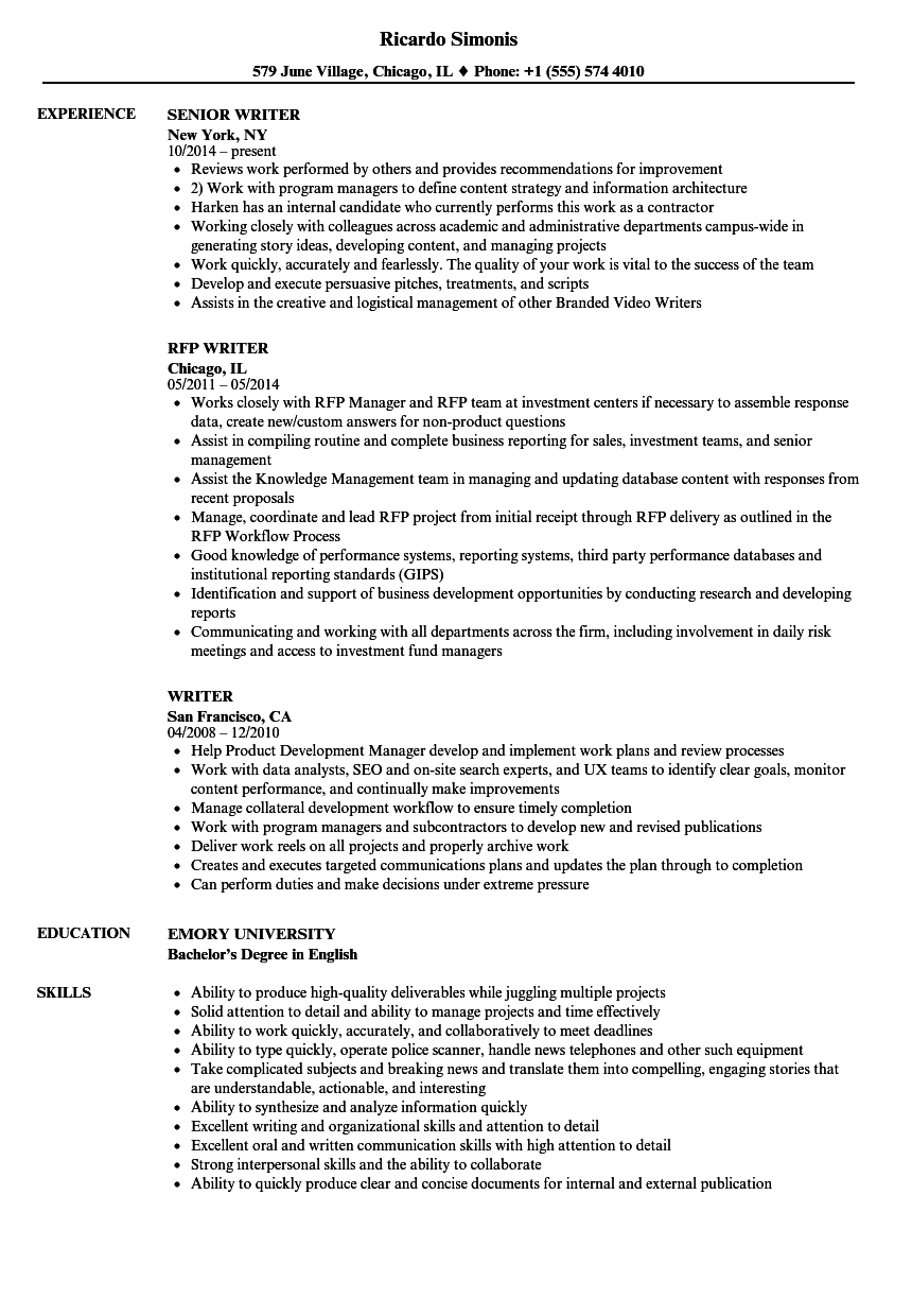 Writer Resume Samples  Velvet Jobs